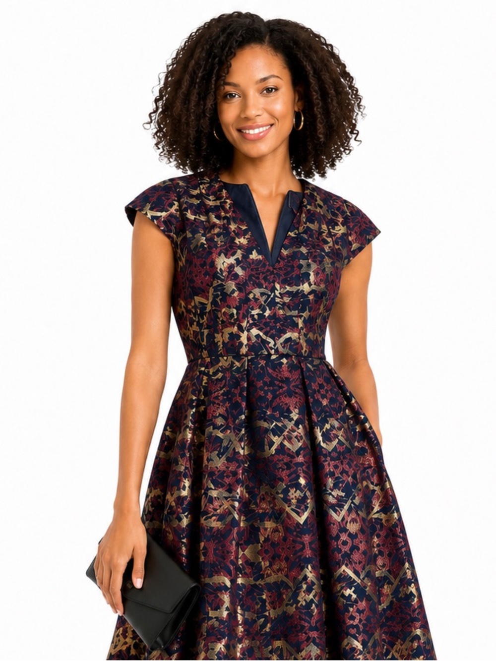 Vince Camuto Navy, Burgundy and Gold Metallic Fit-and-Flare Dress CT